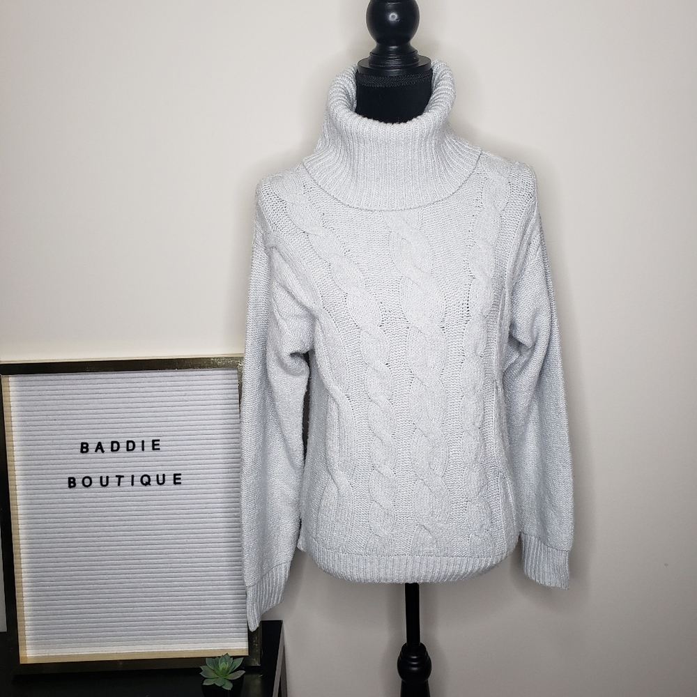 Bp cableknit turtleneck light grey coziest yarn